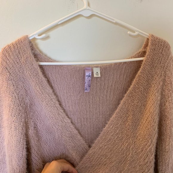 Francesca's Alya Blush Pink Fuzzy Wrap Sweater Top - Picture 2 of 7